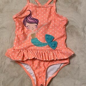 Girls' Coral Polka Dot Mermaid One-Piece Swimsuit with Ruffle